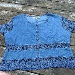 Vintage Blue denim and Crochet Trim Top size XL